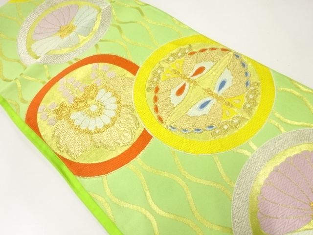 SALE!! JAPANESE KIMONO / ANTIQUE FUKURO OBI / SILK / WOVEN ROUNDEL CREST & FLOWERS & BUTTERFLY