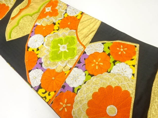 SALE!! JAPANESE KIMONO / ANTIQUE FUKURO OBI / SILK / WOVEN FOLDING FAN & FLORAL ARABESQUE