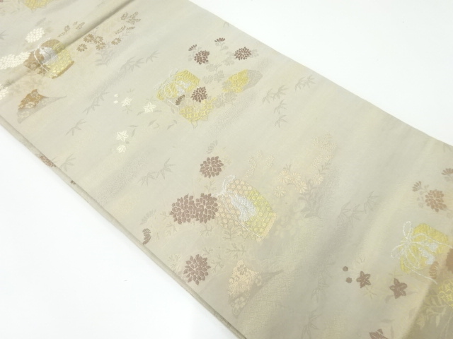 SALE!! JAPANESE KIMONO / ANTIQUE FUKURO OBI / SILK / WOVEN BUCKET & FLORAL PLANTS