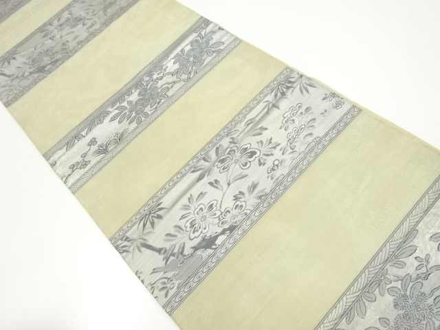 SALE!! JAPANESE KIMONO / ANTIQUE MARU OBI FOR SUMMER / SILK / WOVEN STRIPE & FLORAL PLANTS