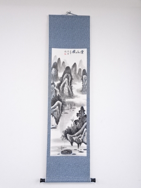 【蔵出】陳石瀬「江上帰舟」肉筆掛軸.唐木軸先◎号石翁・上海文史館館員・上海新華芸専・鄭午昌　汪亜塵弟子◎中国画.中国書.中国美術/古玩