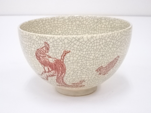 SALE!! JAPANESE TEA CEREMONY / CHAWAN(TEA BOWL) / KYO WARE / ICE CRACKLE GLAZE / ROOSTER / BY SHUNTO KATO