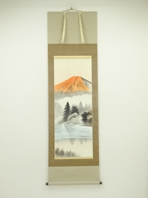 SALE!! JAPANESE HANGING SCROLL / HAND PAINTED / RED Mt.FUJI 